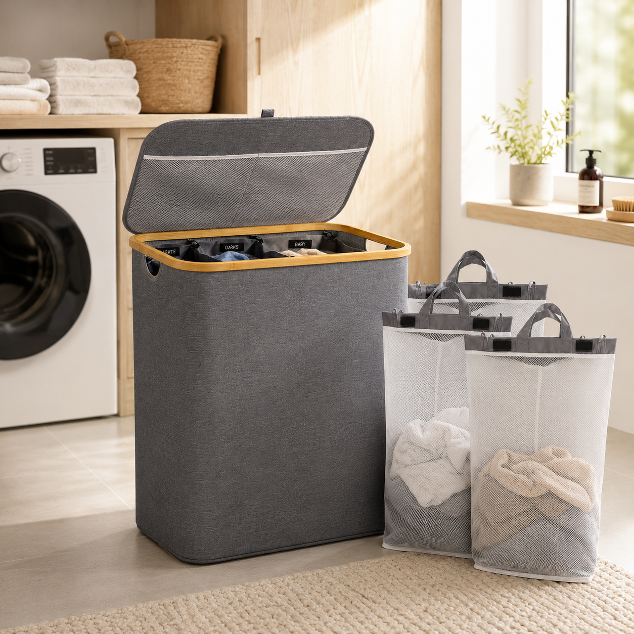140L Triple-Compartment Laundry Hamper