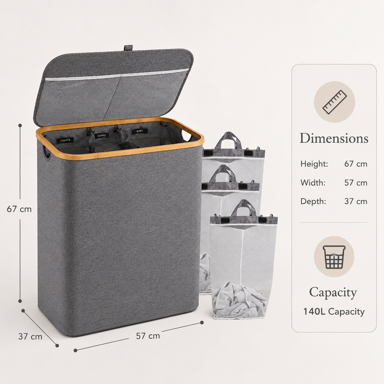 140L Triple-Compartment Laundry Hamper