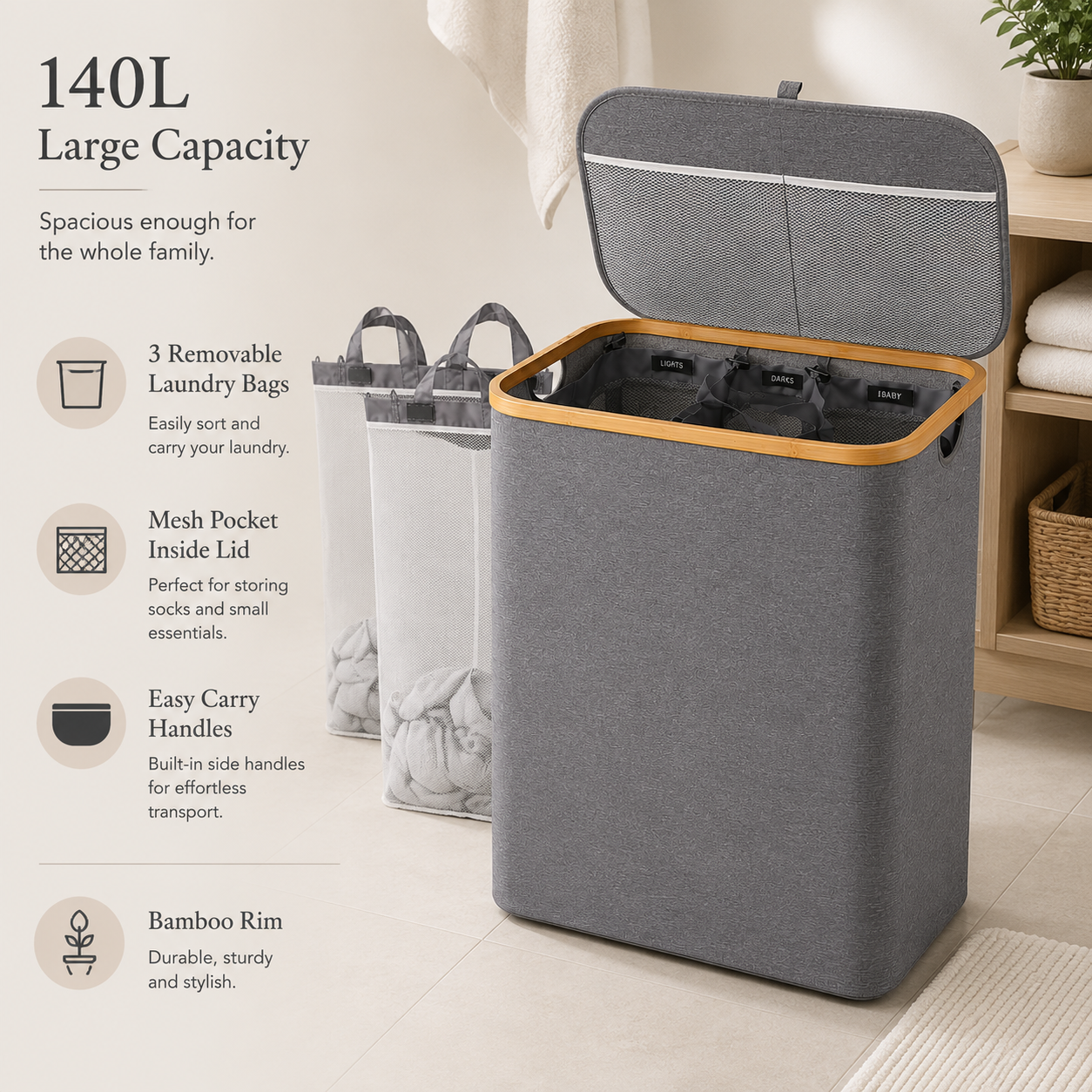140L Triple-Compartment Laundry Hamper